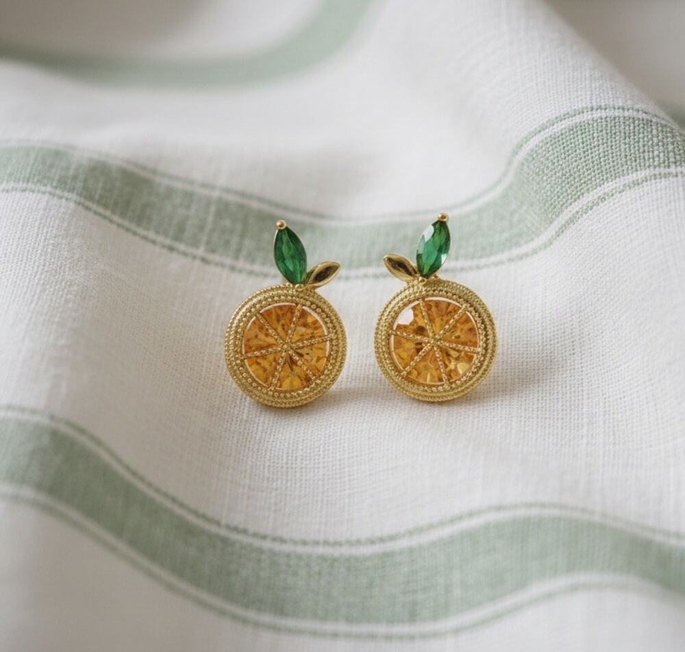 Baublebar Orange Fruit Earrings Stud CZ Crystal Green Gold Gemstone Lemon